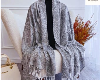 Eleganter ethnischer Schal für Frauen | Jacquard Pashmina Winterschal | Luxus Herbst Wrap Bufanda Foulard Stola