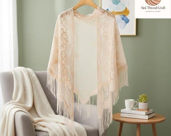 Driehoekige sjaal met bloemenkant – Elegante bruidssluieromslag, poncho bruiloft