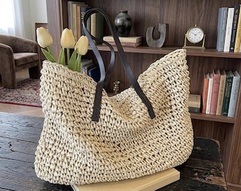 Stroh gewebt Einkaufstasche Große Kapazität Strand Schultertasche für Sommer Reisen & Einkaufen