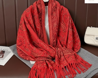 Bufanda hiyab de cachemira cálida de invierno: chal pashmina de cachemira jacquard con borlas / Fular musulmán étnico grueso para mujer