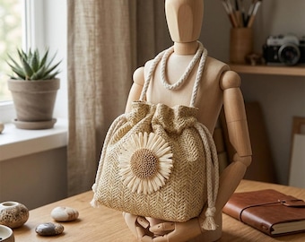 Gewebte Stroh Mini Eimer Tasche, Blume Akzent Kordelzug Crossbody Geldbörse