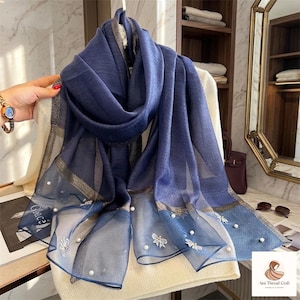 Écharpe brodée en laine et soie : écharpe fleurie pashmina ombrée pour femme - Foulard de mariée élégant