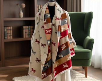 Pashmina-sjaal met paardenprint, omslag ruiterdeken, sjaal met franjes