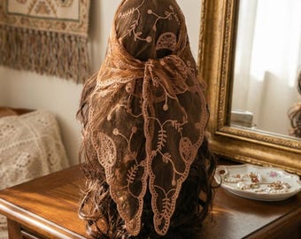 Lace Triangle Scarf, Vintage Embroidered Cotton Bandana, Boho Head Wrap