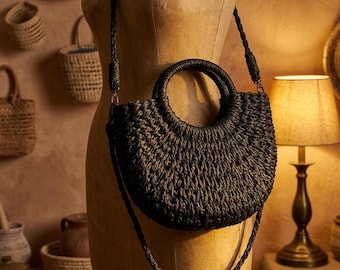 Handgewebte Stroh Rattan Halbmond Strandtasche - Sommer Schulter & Crossbody Handtasche mit großer Kapazität
