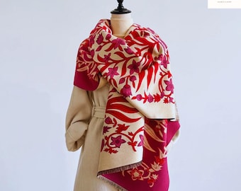 Elegant Floral Jacquard Pashmina Shawl | Luxury Winter Blanket Scarf | Thick Warm Double Sided Tassel Wrap | Windproof Coldproof Scarf