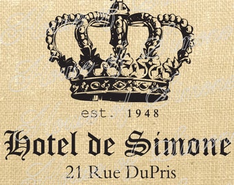 Paris French Hotel Crown Royal Vintage Download Graphic Image Art Transfer burlap tote tea towels Pillow French Gift Tag Digital Sheet 1005