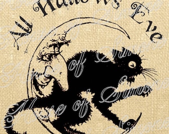 Halloween Cat Moon All Hallows Eve Vintage Download Graphic Image Art Jpeg Transfer burlap tote tea towels Pillow Tag Digital Sheet 1145