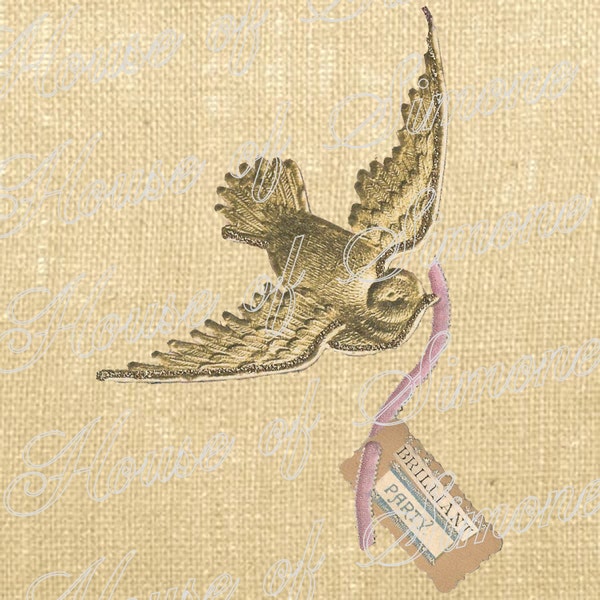 Dresden Bird Swallow Christmas Gold Vintage Download Graphic Image Art Transfer burlap tote towels Pillow royal Gift Tag Digital Sheet 1150