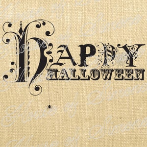 May include: Black and white graphic with the words "Happy Halloween" in a decorative font. The letter "H" is stylized with floral accents. A spider hangs from a web in the letter "Y".