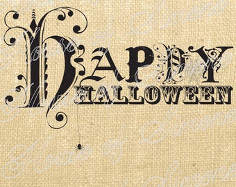 Happy Halloween Spider Web Vintage Download Graphic Image Art Jpeg Transfer burlap tote tea towels Pillow royal Gift Tag Digital Sheet 1148