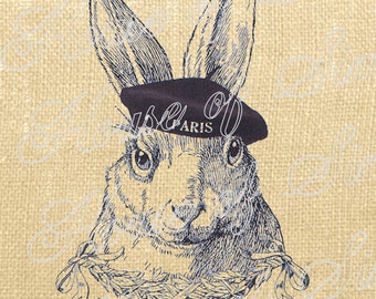 Rabbit Hare Animal Beret Vintage Download Graphic Image Art Transfer burlap tote tea towels Pillow French Gift Tag Digital Sheet 1080