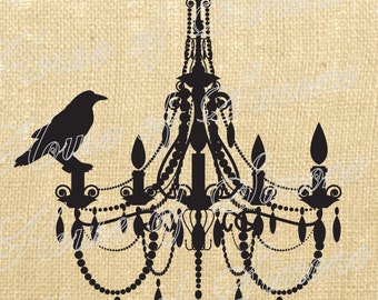 Halloween Chandelier Crow Bird Vintage Download Graphic Image Art Jpeg Transfer burlap tote tea towels Pillow Gift Tag Digital Sheet 1106