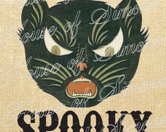 Halloween Black Cat Meow Spooky Vintage Download Graphic Image Art Jpeg Transfer burlap tote tea towels Pillow Tag Digital Sheet 1156