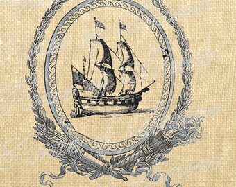 Ship Pirate Nautical Sea Crest Vintage Download Graphic Image Art Transfer burlap tote tea towels Pillow Gift Tag Digital Sheet 1065