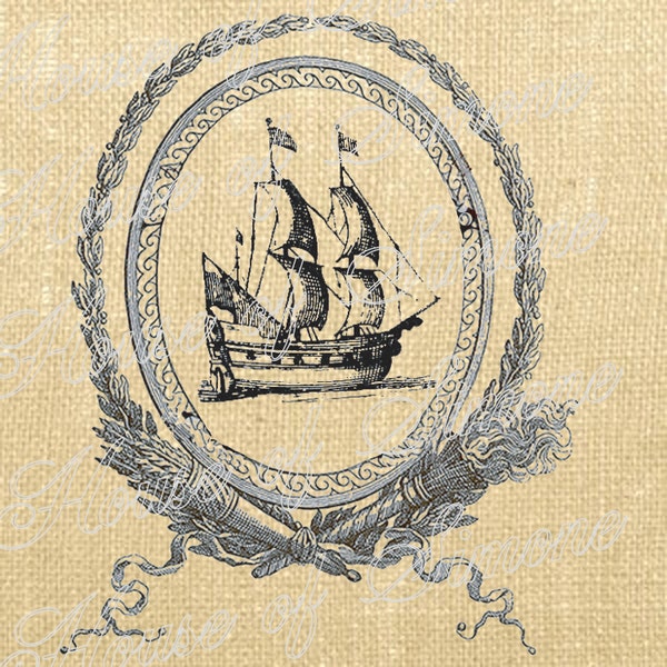 Ship Pirate Nautical Sea Crest Vintage Download Graphic Image Art Transfer burlap tote tea towels Pillow Gift Tag Digital Sheet 1065