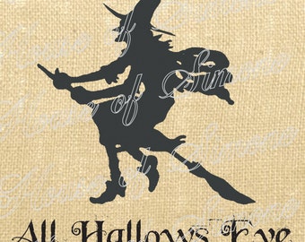 Halloween Witch All Hallows Eve Vintage Download Graphic Image Art Jpeg Transfer burlap tote tea towels Pillow Gift Tag Digital Sheet 1109