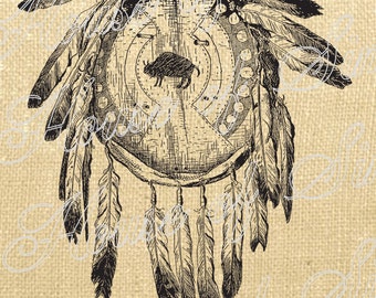 Indian Shield Vintage Feather Tribe Native American Download Graphic Image Transfer burlap tote towels Pillow Gift Tag Digital Sheet 1048