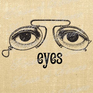 May include: Black and white illustration of two eyes with a vintage monocle frame. The word "EYES" is written in a bold, stylized font below the eyes. The background is a textured, tan color.
