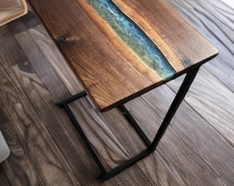 Walnut Epoxy C-Table — Custom Sofa Table
