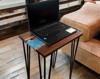 Handmade Walnut Laptop Table with Blue Epoxy Resin – Live Edge Accent Table