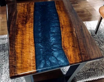 Handmade Walnut Side Table – Blue Epoxy River, Live Edge