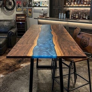 Walnut Bar Table with Blue Epoxy Resin River – Handmade Pub Furniture
