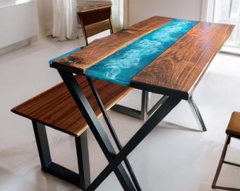 Handmade Dining Table – Blue Epoxy River, Live Edge