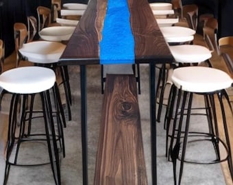 Walnut Bar Table with Blue Epoxy Resin River – Handmade Pub Furniture