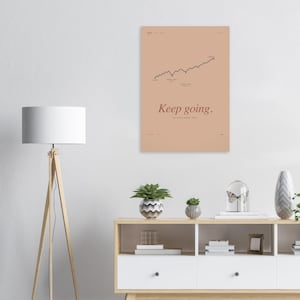 Peut inclure: Une affiche encadrée avec un fond marron clair présente un graphique linéaire noir et les mots "Keep going." Le graphique a plusieurs pics et creux. L'affiche est affichée au-dessus d'un meuble blanc.
