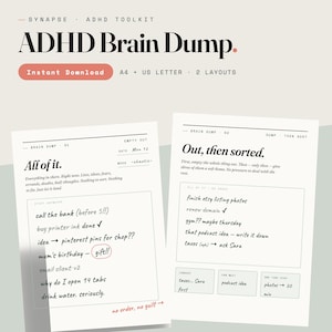 Peut inclure: Deux pages de planificateur numérique blanches intitulées ADHD Brain Dump avec du texte noir. La page de gauche comporte des sections pour la date, l'humeur et une grande zone de notes. La page de droite inclut des sections pour trier les tâches.