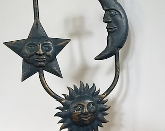 Vintage 1990s Celestial Metal Candelabra | Sun Moon Star Holder, Distressed Navy Gold