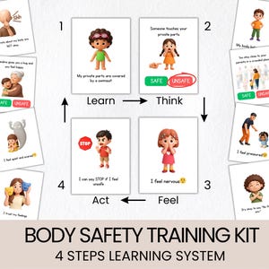 May include: A body safety training kit with a 4-step learning system. The kit includes illustrated cards with children and text such as "My private parts are covered by a swimsuit" and "I can say STOP if I feel unsafe."