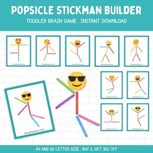 May include: A children's educational game with stick figures constructed from popsicle sticks. The game includes cards with different stick figure poses and facial expressions. Text on the image reads "POPSICLE STICKMAN BUILDER" and "TODDLER BRAIN GAME. INSTANT DOWNLOAD."