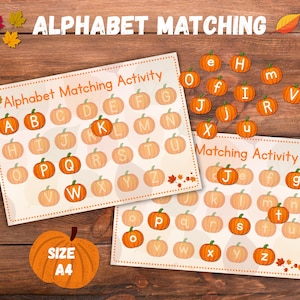 Può includere: Due fogli di attività di abbinamento alfabetico in formato A4 con illustrazioni di zucche che riportano lettere maiuscole e minuscole. Include un set di ritagli di zucca con lettere e foglie autunnali su uno sfondo effetto legno.