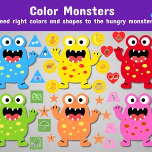 Peut inclure: Jeu éducatif "Color Monsters" avec six monstres de dessins animés bleus, jaunes, rouges, verts, oranges et roses. Les monstres ont la bouche ouverte et sont entourés de formes et d'objets. Le texte encourage à nourrir les monstres avec les bonnes couleurs et formes.
