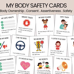 Puede incluir: Un conjunto de "Tarjetas de seguridad corporal" con texto e ilustraciones sobre la propiedad del cuerpo, el consentimiento y la asertividad. Las tarjetas cubren temas como adultos seguros, tacto inseguro y números de emergencia. Las tarjetas están diseñadas para educar y empoderar.