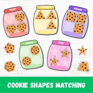 May include: An educational game with cookie-shaped cutouts in heart, triangle, square, circle, and star shapes. The cookies are inside jars labelled with the shapes. The text "COOKIE SHAPES MATCHING" is at the bottom of the image.