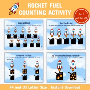 May include: Educational printable activity featuring rocket-themed counting exercises. The worksheets include tasks like matching fuel boxes to rockets and comparing fuel levels. The text reads "ROCKET FUEL COUNTING ACTIVITY" and "A4 and US Letter Size. Instant Download."