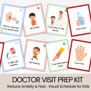 May include: A set of illustrated cards with red, blue, and green borders. Each card depicts a scenario related to a doctor's visit, such as drinking water or counting to five. The text "DOCTOR VISIT PREP KIT" is at the bottom.