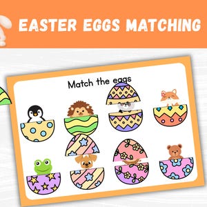 May include: A colorful Easter-themed matching game featuring illustrated eggs and animals. The game includes a bunny, penguin, hedgehog, fox, bear, frog, and puppy. The text "EASTER EGGS MATCHING" is displayed above the game board.