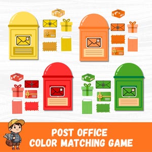 Puede incluir: Ilustración colorida para un juego infantil con cuatro buzones en amarillo, naranja, rojo y verde. Cada buzón tiene un icono de sobre. Regalos, sobres y tarjetas de colores a juego rodean cada buzón. El texto "POST OFFICE COLOR MATCHING GAME" está en la parte inferior.
