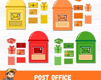 May include: A colorful illustration for a children's game featuring four mailboxes in yellow, orange, red, and green. Each mailbox has an envelope icon. Surrounding each mailbox are matching colored gifts, envelopes, and cards. The text "POST OFFICE COLOR MATCHING GAME" is at the bottom.