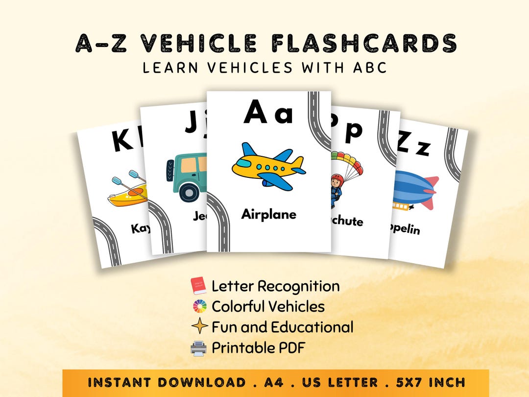 Vehicle Alphabet Flashcards for Kids A-Z Printable PDF Preschool ...