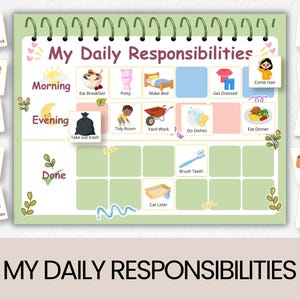 Könnte beinhalten: Ein spiralgebundener My Daily Responsibilities Planer mit Zeilen für Morgen-, Abend- und erledigte Aufgaben. Das Raster enthält farbige Symbole für Tätigkeiten wie Frühstücken, Bettenmachen und Gassi gehen, ergänzt durch zusätzliche Aufgabenkarten um das Hauptboard.