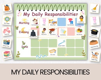Kids Daily Responsibility Chart, Chore Chart, Daily Task List, Printable Daily Routine, Morning Chores, Evening Checklist, Visual Schedule