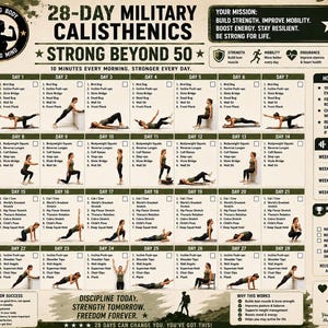 Könnte beinhalten: Ein 28-tägiger militärischer Calisthenics-Trainingsplan mit dem Titel Strong Beyond 50. Das Poster enthält einen täglichen Übungsplan mit Illustrationen verschiedener Körpergewichtsübungen, Kontrollkästchen zur Fortschrittsverfolgung sowie Abschnitte für Rumpf, Unterkörper, Mobilität und Oberkörpertraining.