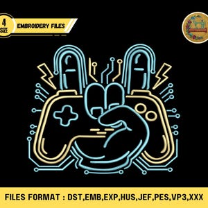 May include: A neon-style design featuring a hand gesture holding a game controller, with lightning bolts and circuit board details. The design is in light blue and yellow on a black background. The text "EMBROIDERY FILES" is included.