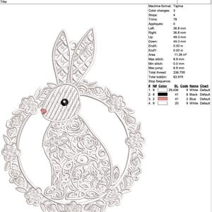 Op de afbeelding: Geborduurd ontwerp van een konijn in een bloemenkrans. Het konijn is wit met zwarte en roze accenten. Het ontwerp heet "FSL Rabbit 3" en is 9,88 cm hoog en 7,37 cm breed.