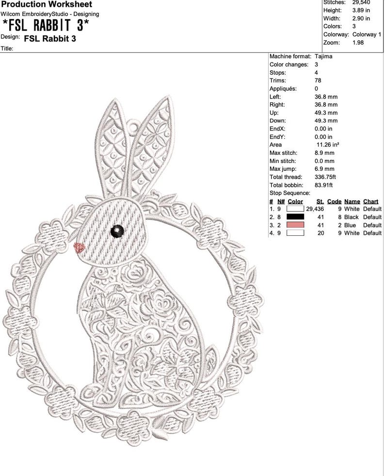 Op de afbeelding: Geborduurd ontwerp van een konijn in een bloemenkrans. Het konijn is wit met zwarte en roze accenten. Het ontwerp heet "FSL Rabbit 3" en is 9,88 cm hoog en 7,37 cm breed.